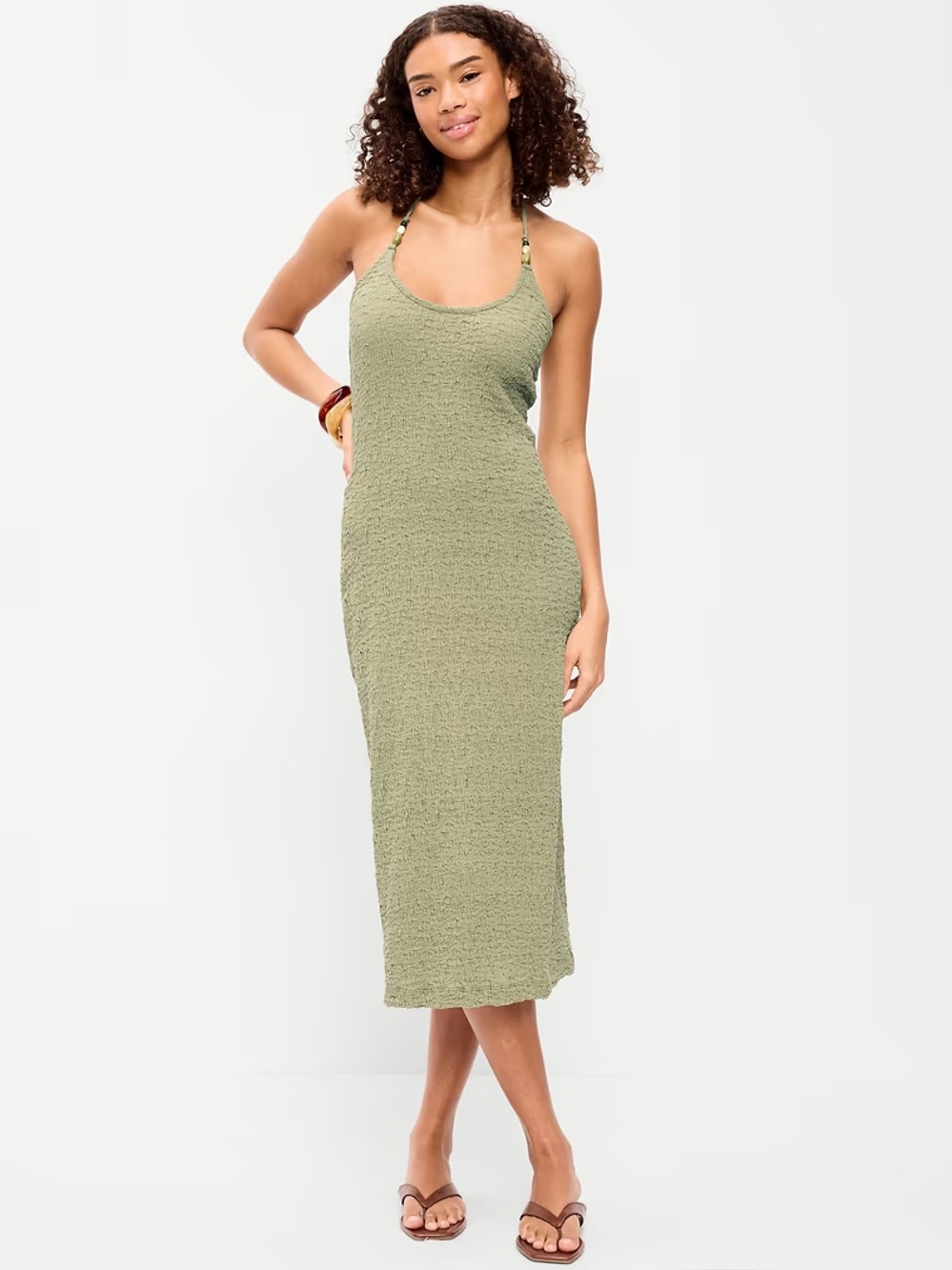 Olive Green Textured Midi Halter Dress